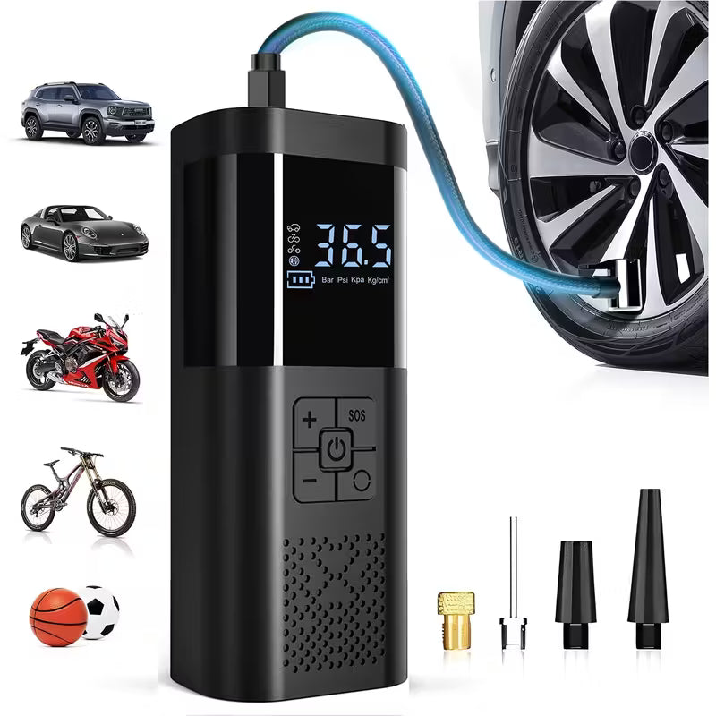 Portable Tire Inflator 150PSI | Digital Display, LED Lighting, Triple Speed, Wireless, USB Charging, Suitable for Cars, Motorcycles, Bicycles, Sports Balls