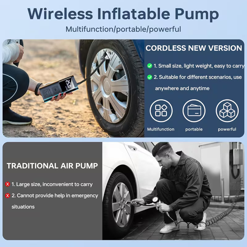 Portable Tire Inflator 150PSI | Digital Display, LED Lighting, Triple Speed, Wireless, USB Charging, Suitable for Cars, Motorcycles, Bicycles, Sports Balls