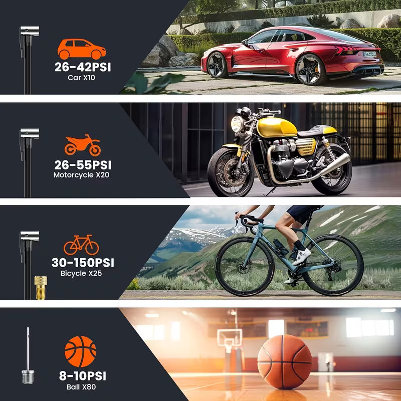 Portable Tire Inflator 150PSI | Digital Display, LED Lighting, Triple Speed, Wireless, USB Charging, Suitable for Cars, Motorcycles, Bicycles, Sports Balls